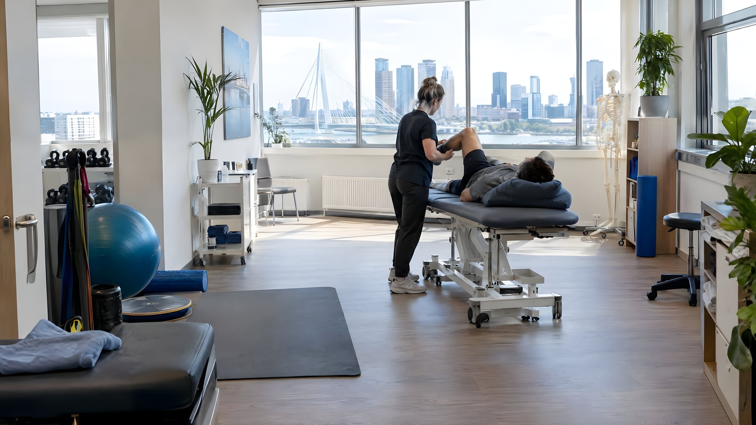Lichte behandelruimte van een fysiotherapiepraktijk met oefenmateriaal, een behandeltafel en uitzicht over de Maas en de skyline van Rotterdam.